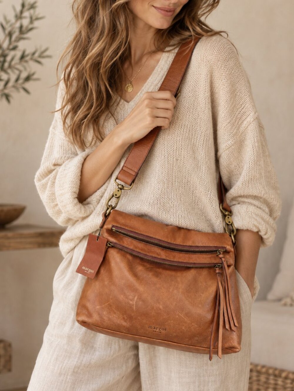 Margot New York Mickey Double Zip Cognac Leather Crossbody Shoulder Bag